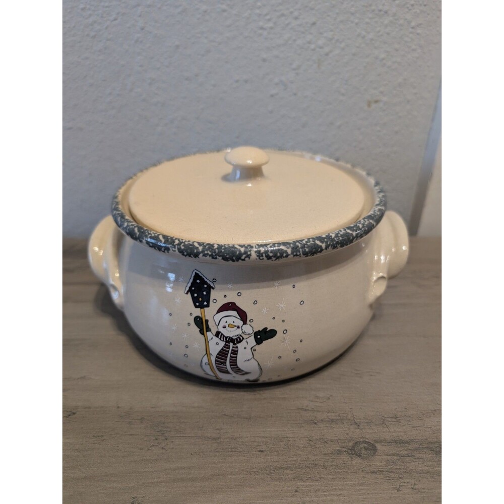 Home & Garden Party Snowman Stoneware Bean Pot w/ Lid 2001 Hand Made USA 8”